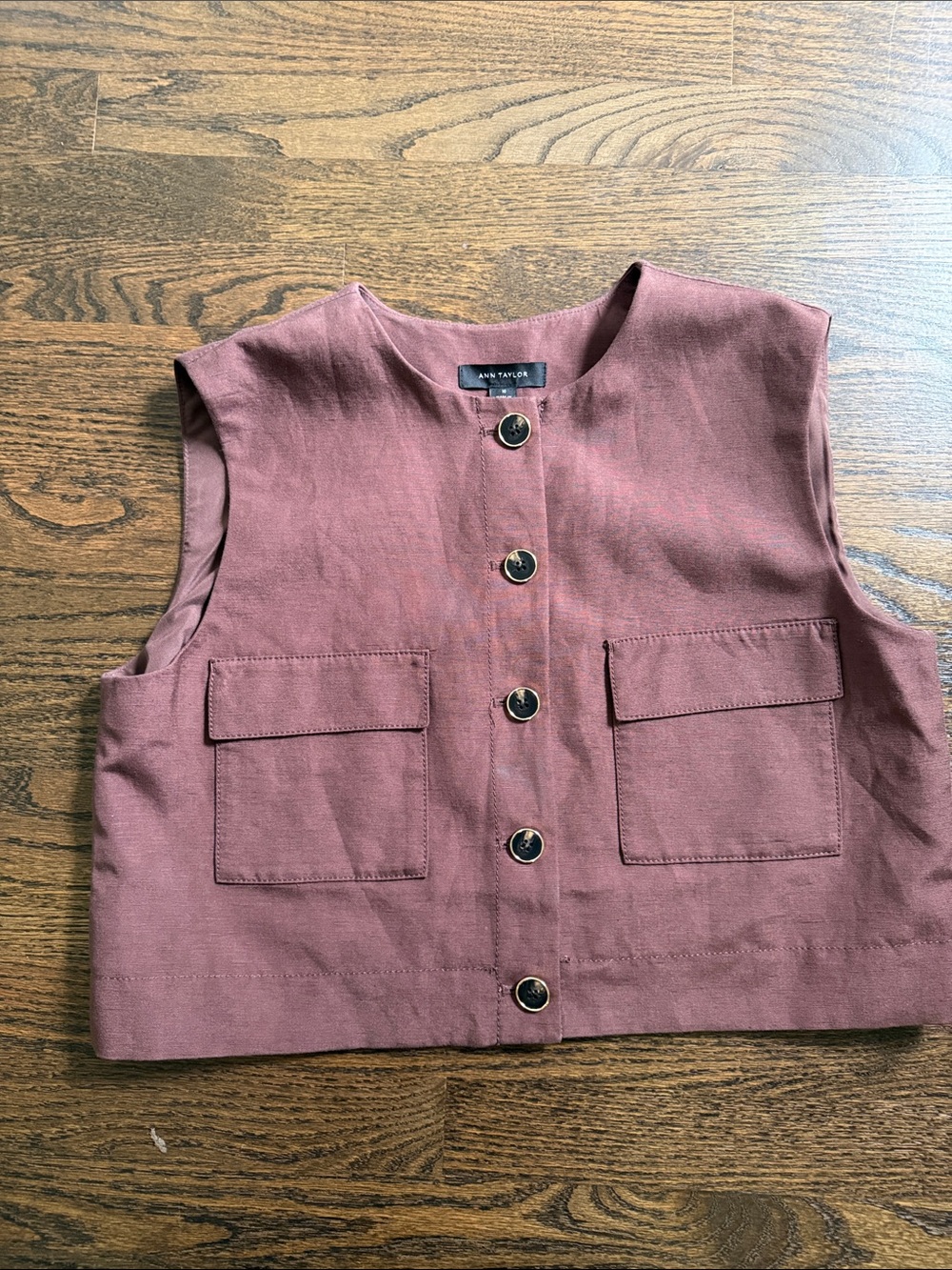 Ann Taylor Brown Linen Cropped Vest with Gold-accented Tortoise shell buttons